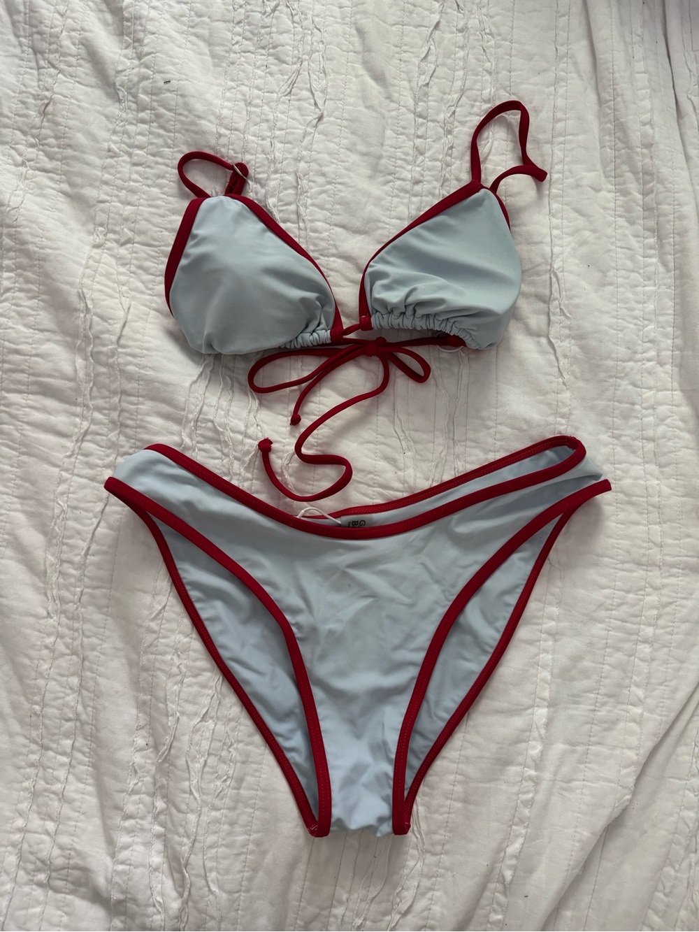 Light Blue Bikini Set with Red Trim - Women's Swim